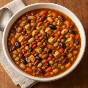 A top-down view of a hearty 15-bean turkey stew served in a white ceramic bowl. The stew features a rich, savory broth filled with a colorful variety of beans, diced turkey chunks, sliced carrots, and flecks of green parsley. A neutral-colored cloth napkin and the edge of a spoon are visible on a rustic wooden tabletop.