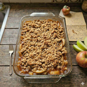 A top-down view of a glass 9x13 baking dish filled with Aunt Becky's Apple Crisp, made from 10 cups of apples and a traditional oat crumble. The rustic wooden counter background includes a single silver fork, fresh sliced and whole apples, and the original handwritten recipe card.