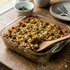 Italian Sausage Stove Top Stuffing in an 8x8 glass baking dish, featuring golden-brown crisped bread cubes, savory sausage crumbles, and sautéed celery and onions on a rustic wooden table.