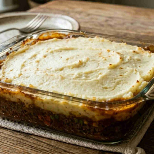 A thick layer of creamy, Parmesan-infused mashed potatoes atop a savory 80/20 ground beef base, baked in an 8x8 glass dish until the edges are golden and bubbly.